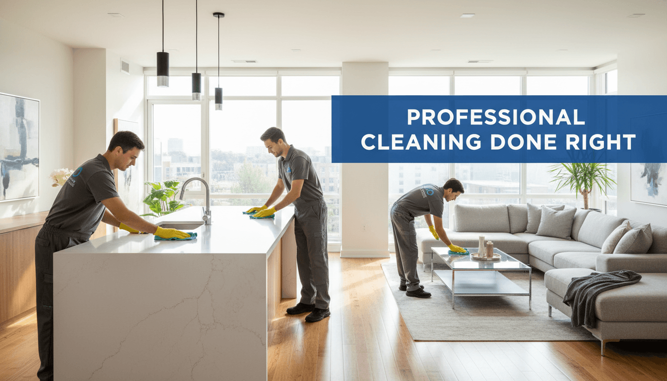 Bright living room with a professional cleaner wiping down a coffee table